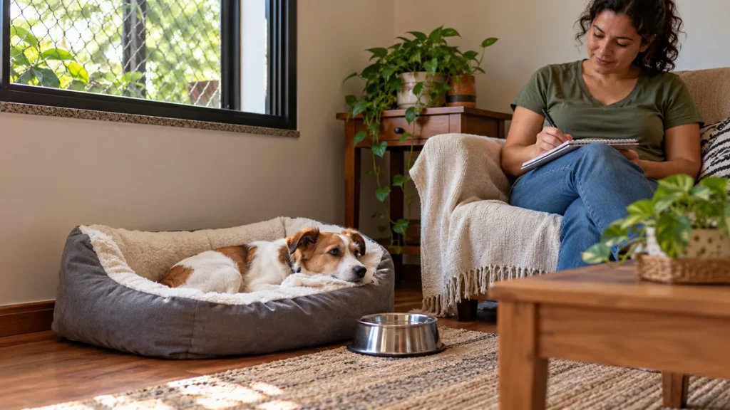 Cachorro descansa em uma caminha enquanto a tutora faz anotações