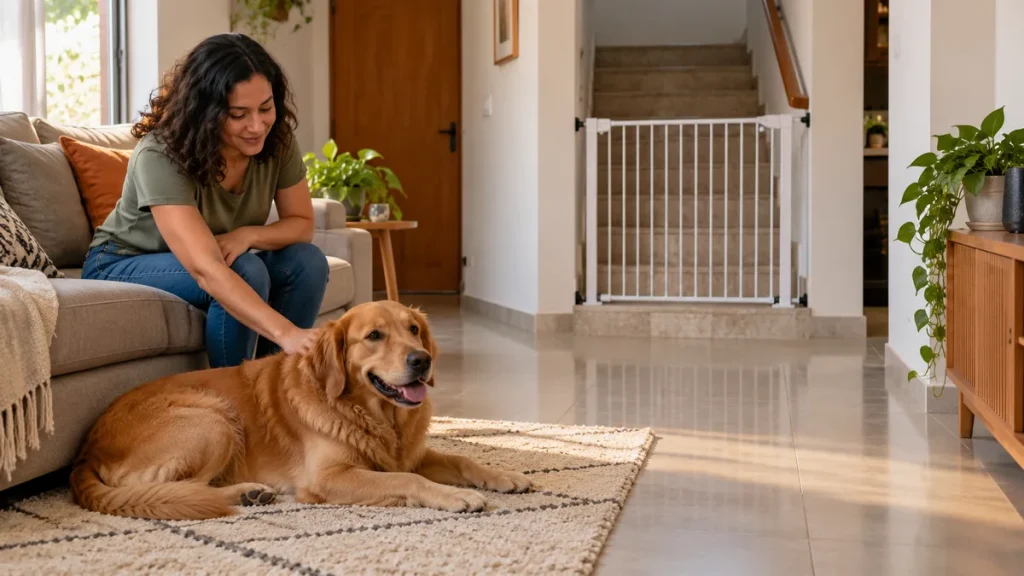 Cachorro num tapete em sala com passagem para escada protegida