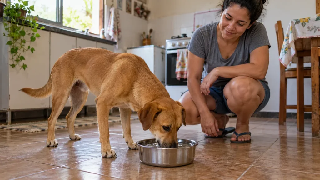 Cachorro bebendo água em uma tigela na cozinha