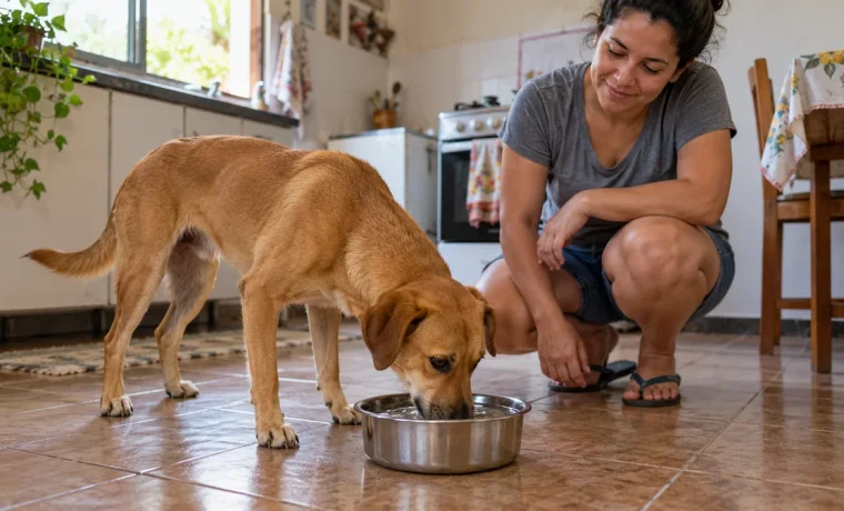 Cachorro bebendo água em uma tigela na cozinha