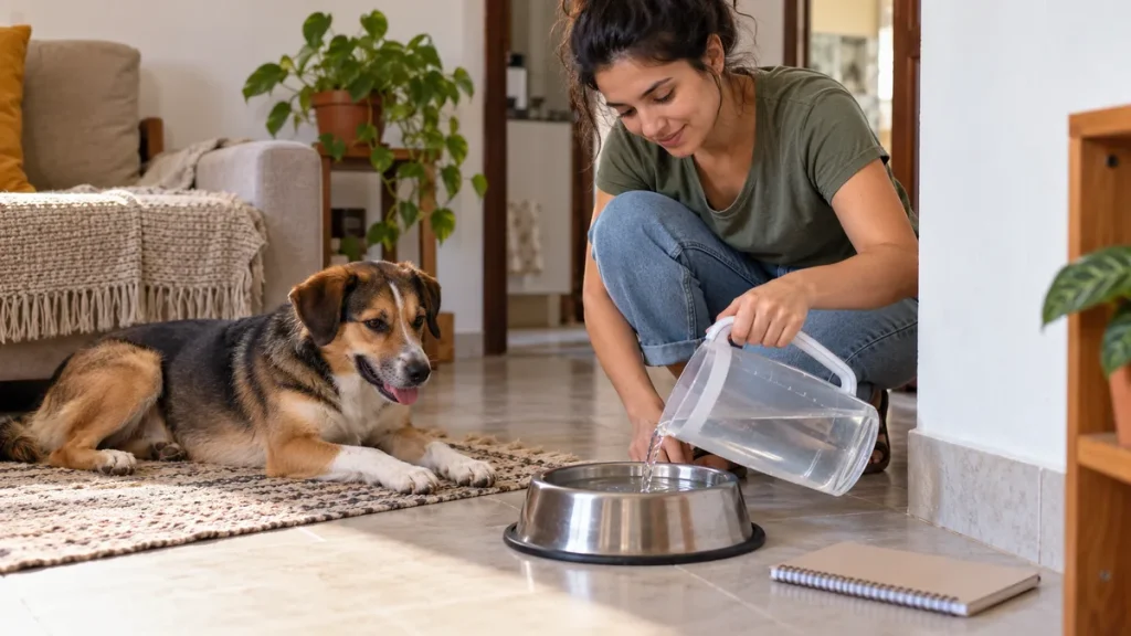 Tutora repondo água no pote com uma jarra