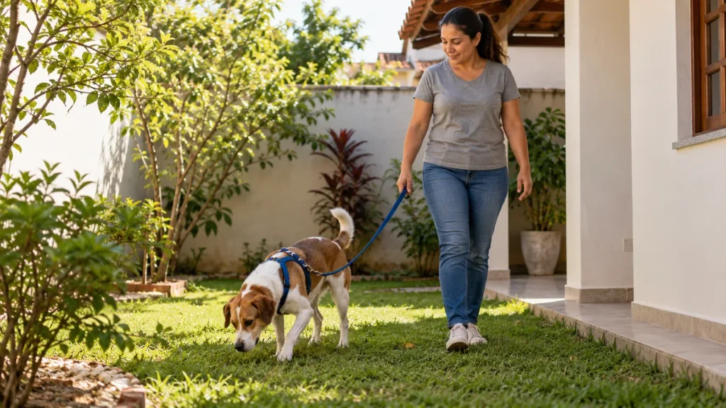 Tutor acompanhando o cachorro no quintal para o banheiro