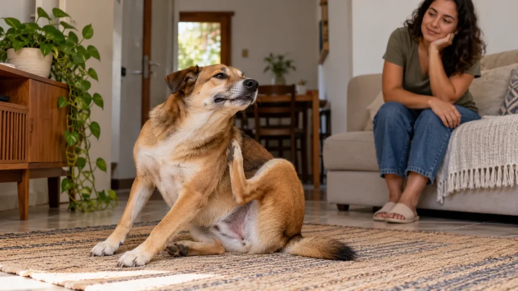 Cachorro se coçando enquanto a tutora observa