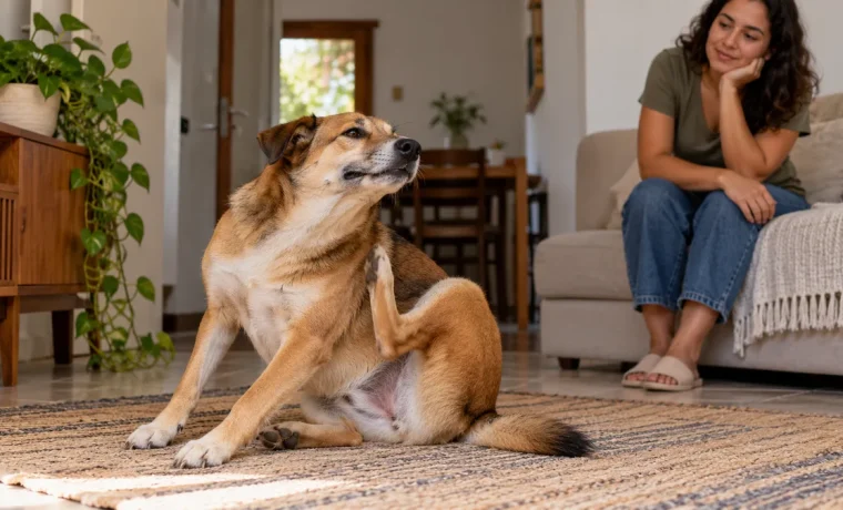 Cachorro se coçando enquanto a tutora observa