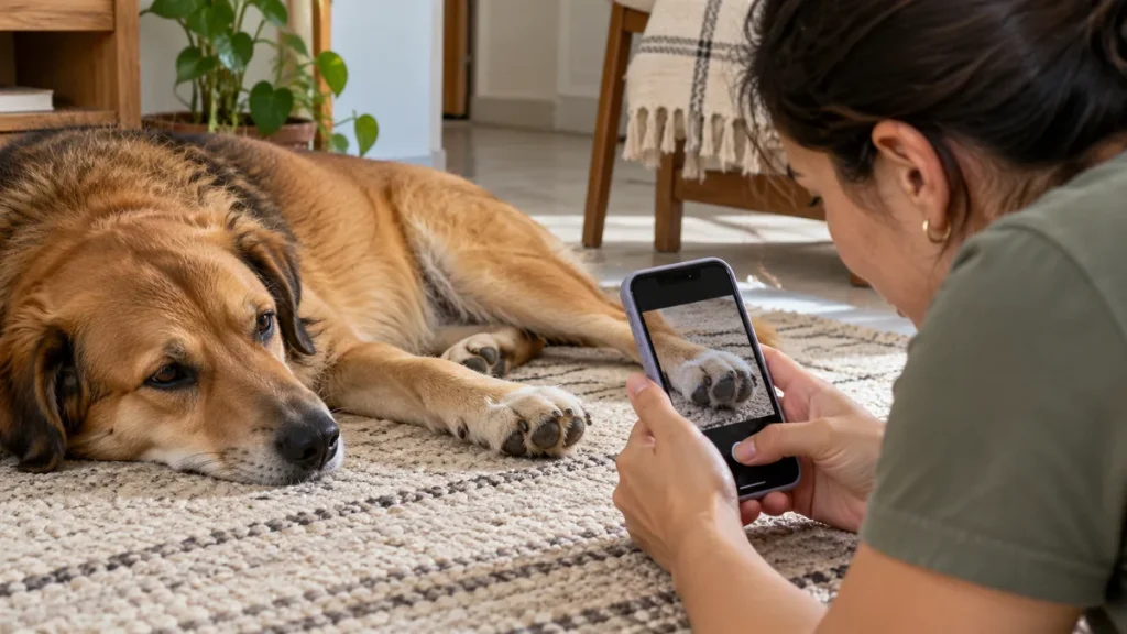 Tutora registrando a pata do cachorro com o celular