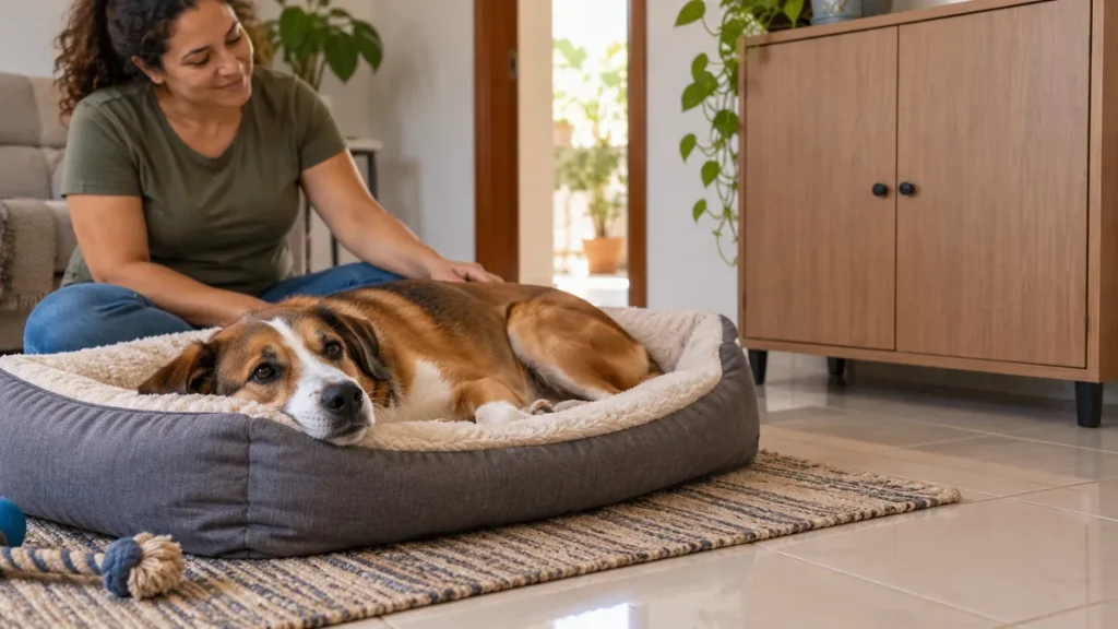 Cachorro descansando em cama limpa longe de produtos de limpeza