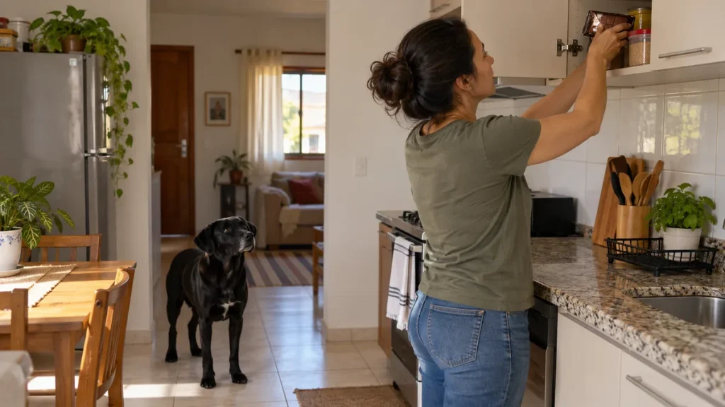 Pessoa guardando chocolate no armário alto, com cachorro no chão afastado