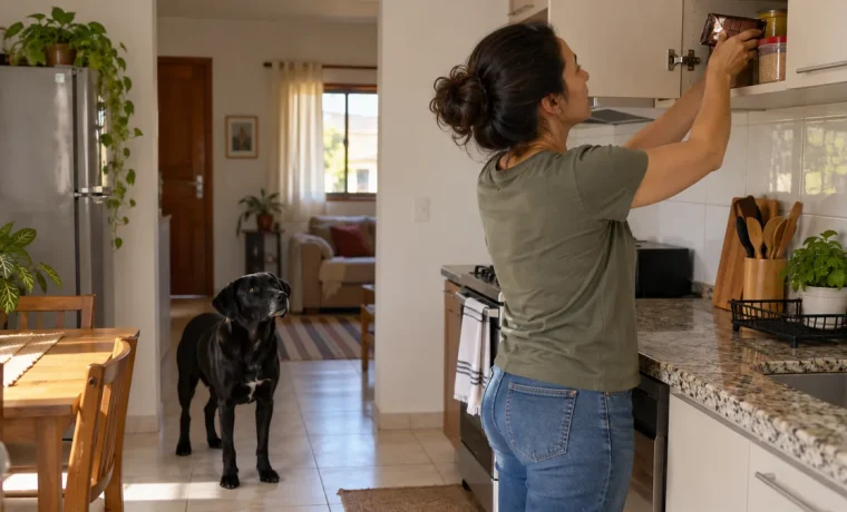 Pessoa guardando chocolate no armário alto, com cachorro no chão afastado