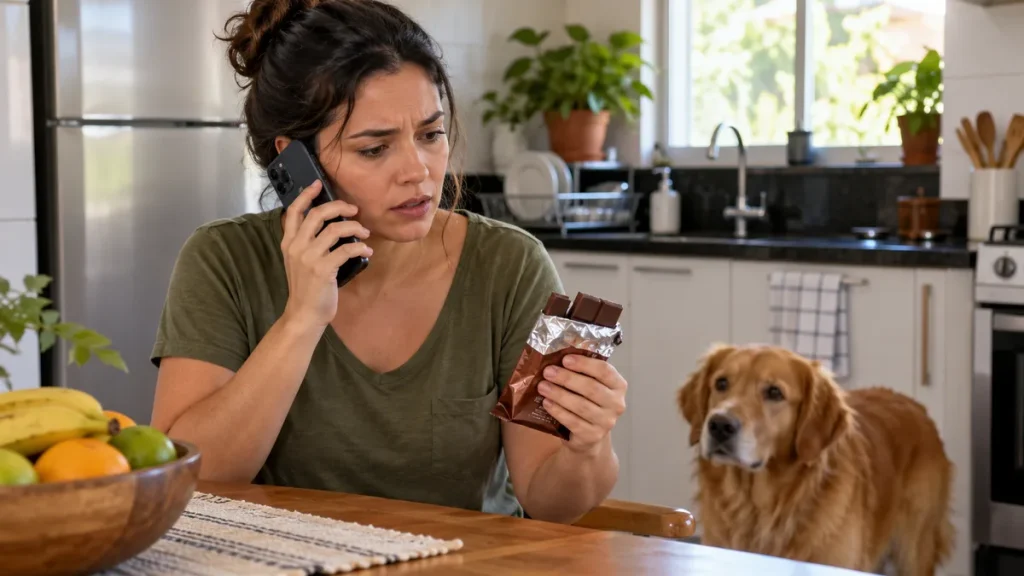 Pessoa ao telefone segurando uma embalagem de chocolate, com cachorro ao fundo