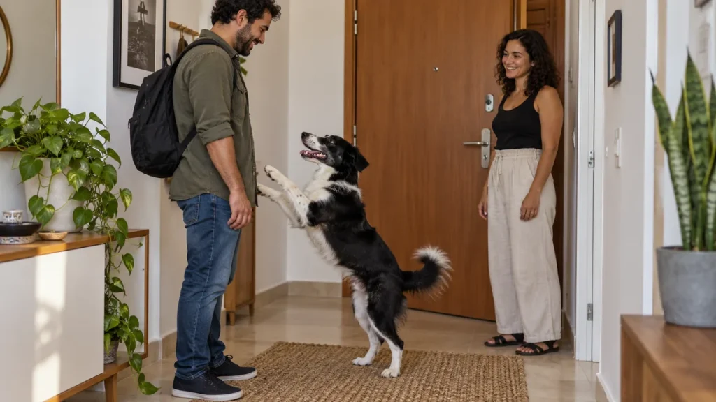 Cachorro levanta as patas dianteiras ao se aproximar de uma visita