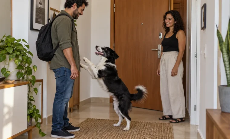 Cachorro levanta as patas dianteiras ao se aproximar de uma visita