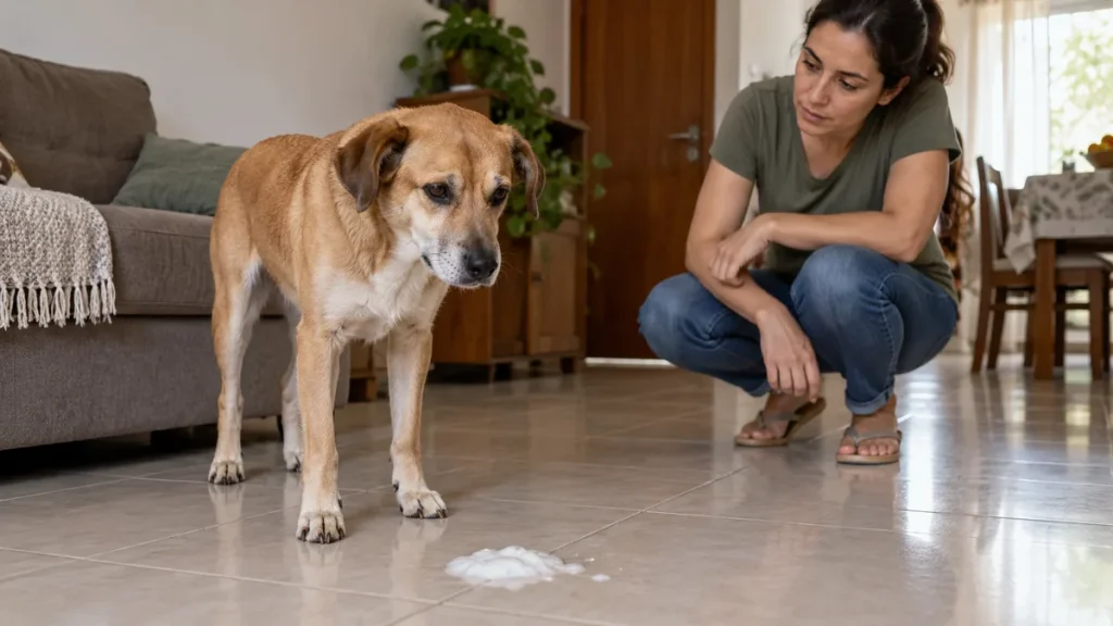 Cachorro caramelo em pé perto de uma pequena poça branca no piso