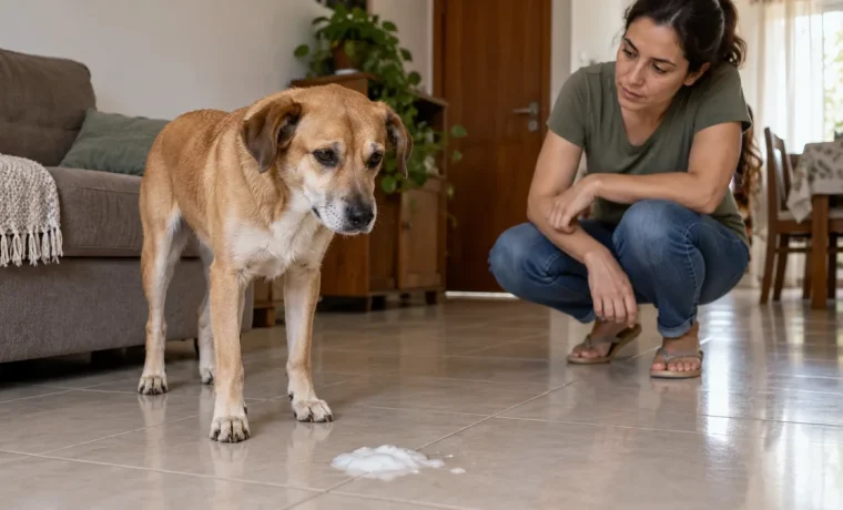 Cachorro caramelo em pé perto de uma pequena poça branca no piso