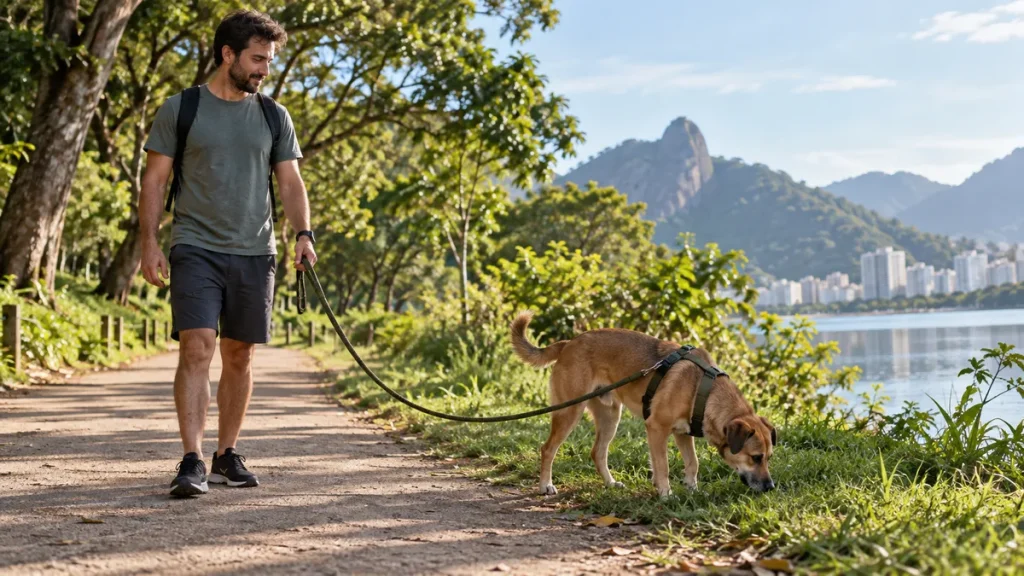 Cachorro fareja a grama durante o passeio com a guia sem tensão