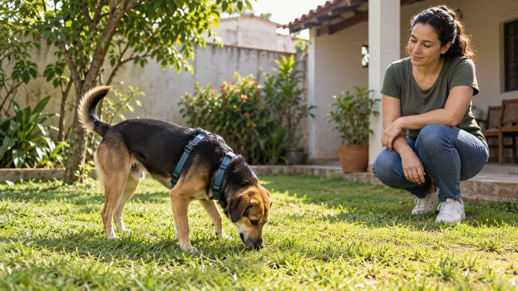 Tutor observando o cachorro no quintal