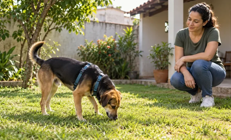 Tutor observando o cachorro no quintal