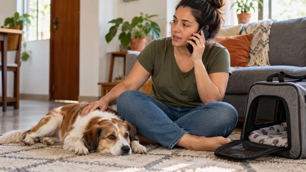 Tutora ligando para a clínica com o cachorro próximo