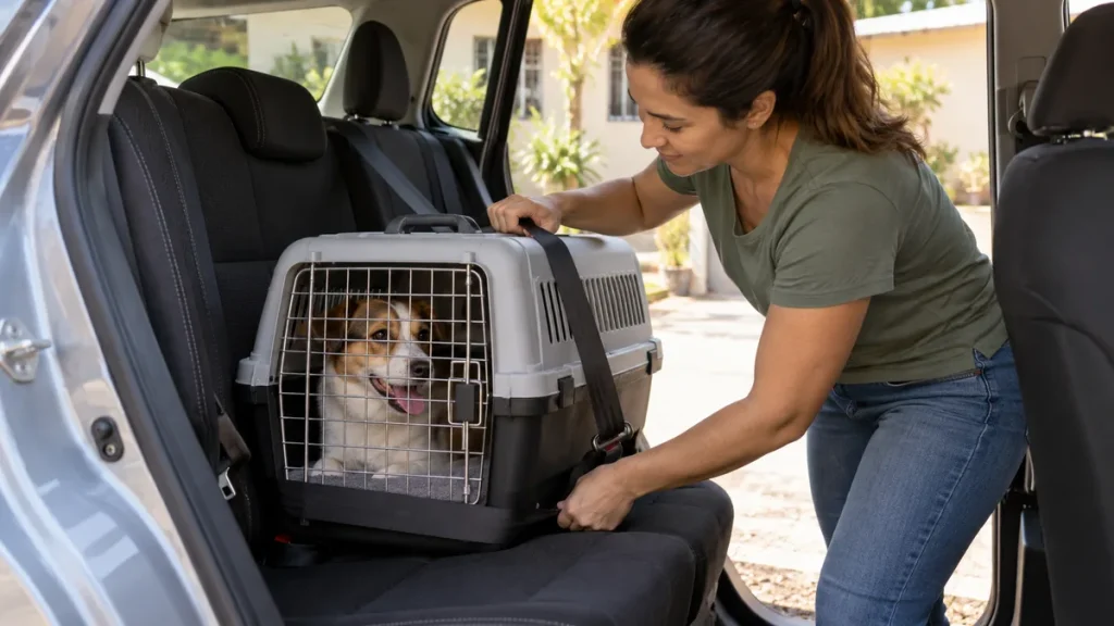 Caixa de transporte preparada no banco traseiro para levar o cachorro