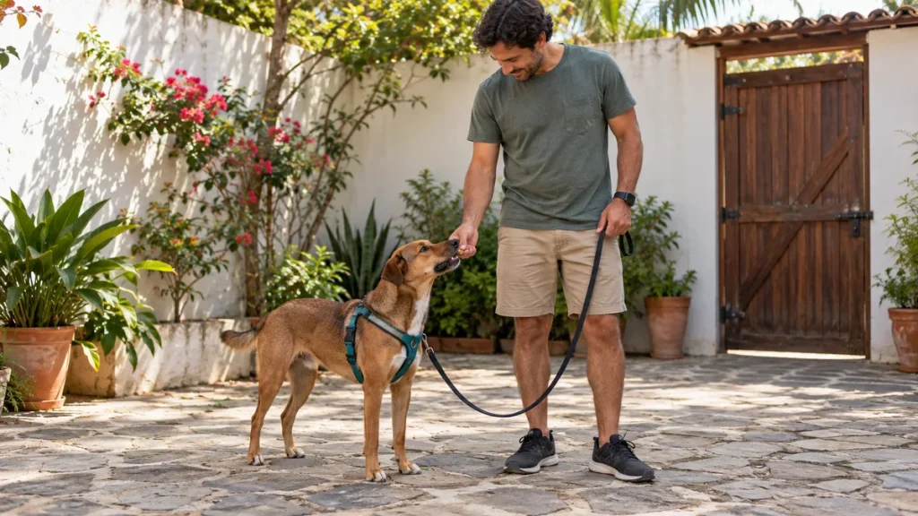 Tutor recompensa cachorro ao seu lado com a guia frouxa