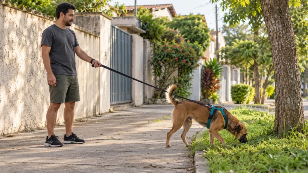 Cachorro com peitoral avança em direção à grama enquanto o tutor para na calçada