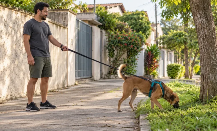 Cachorro com peitoral avança em direção à grama enquanto o tutor para na calçada