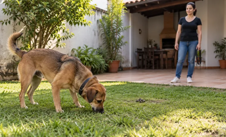 Cachorro farejando o gramado do quintal com tutora ao fundo
