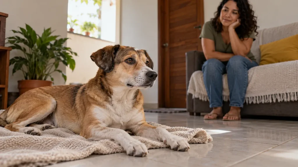 Cachorro acordado em uma manta com tutora observando ao fundo