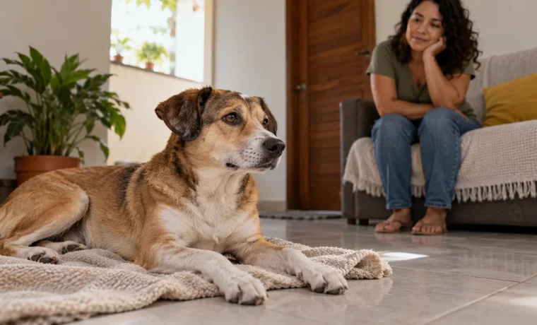 Cachorro acordado em uma manta com tutora observando ao fundo