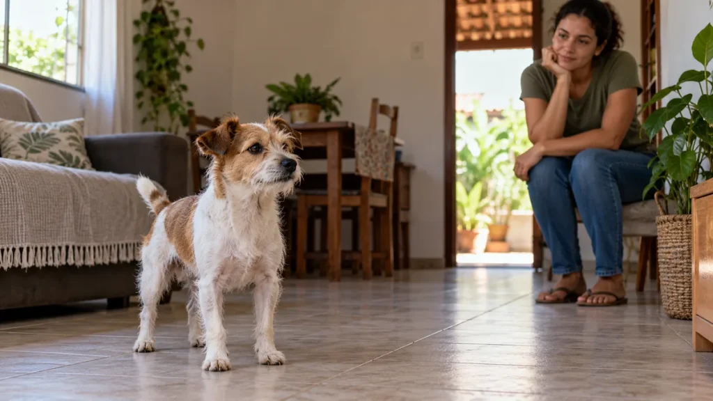 Tutora observa um cachorro pequeno sem segurá-lo pelo pescoço