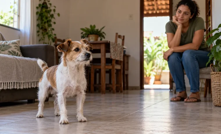 Tutora observa um cachorro pequeno sem segurá-lo pelo pescoço