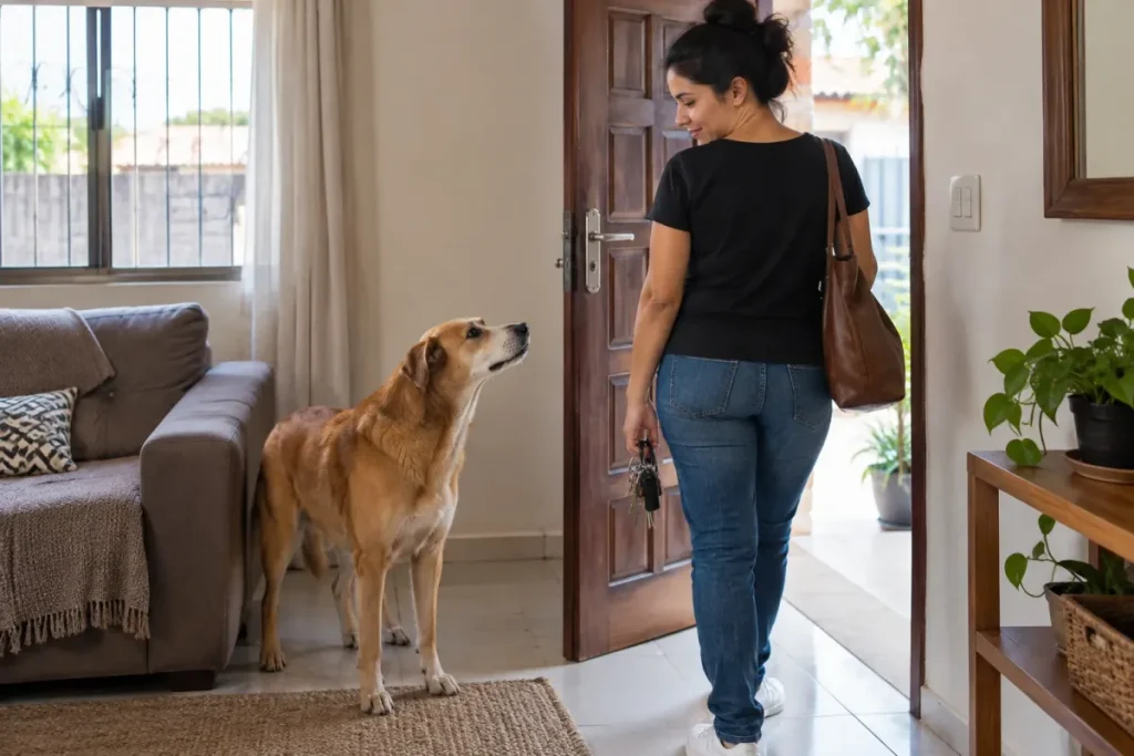 Cachorro perto da porta da sala enquanto a tutora se prepara para sair.