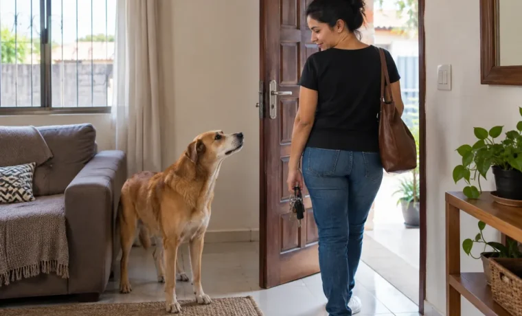 Cachorro perto da porta da sala enquanto a tutora se prepara para sair.
