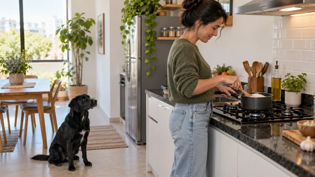 Pessoa preparando arroz numa panela, com cachorro sentado no chão afastado