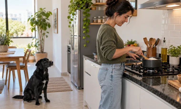 Pessoa preparando arroz numa panela, com cachorro sentado no chão afastado