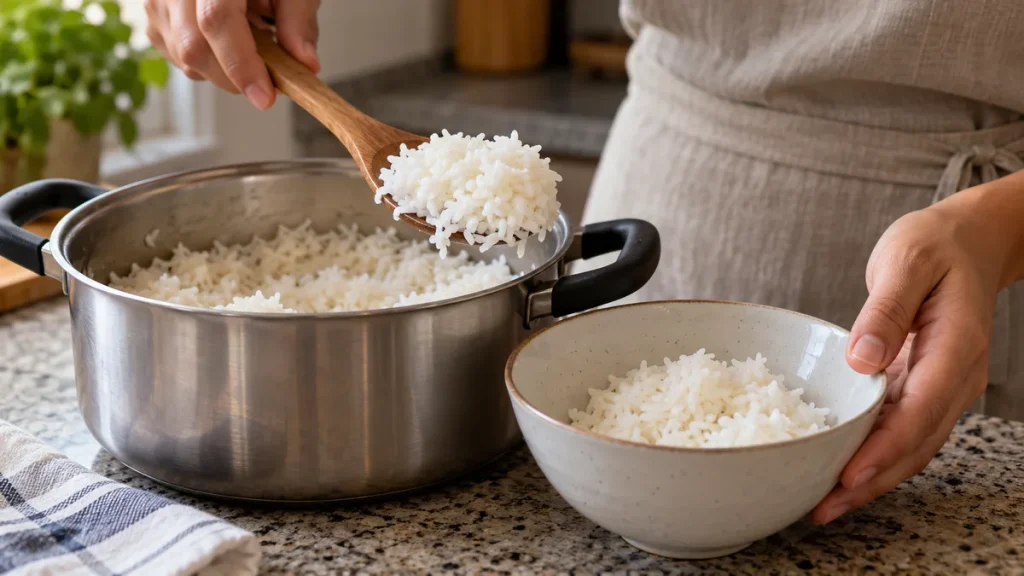 Mãos separando arroz branco cozido de uma panela para uma tigela