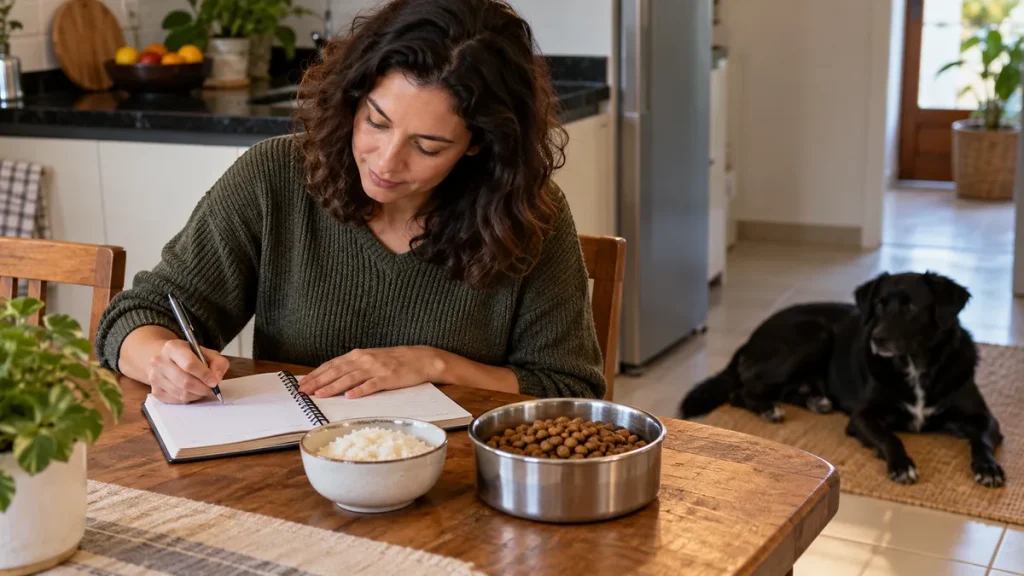 Pessoa registrando a alimentação num caderno ao lado de arroz e ração, com cachorro ao fundo