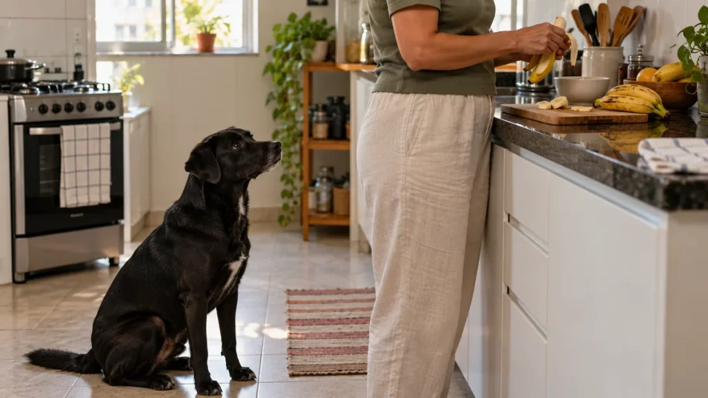 Cachorro sentado no chão enquanto uma pessoa descasca banana na bancada