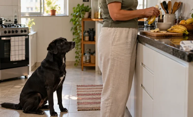 Cachorro sentado no chão enquanto uma pessoa descasca banana na bancada
