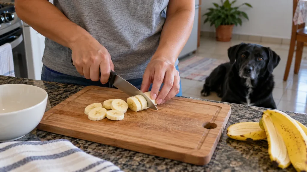 Mãos cortando banana descascada sobre uma tábua de cozinha