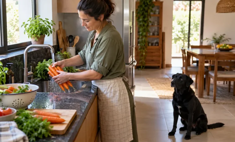 Pessoa lavando cenouras na pia, com cachorro sentado no chão afastado