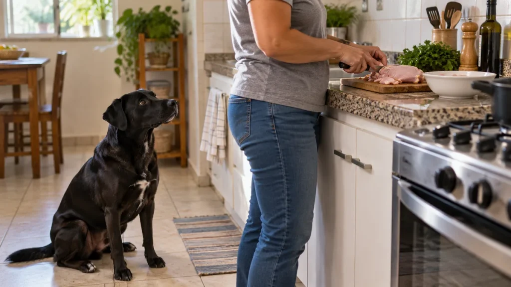 Cachorro no chão enquanto uma pessoa prepara frango na bancada
