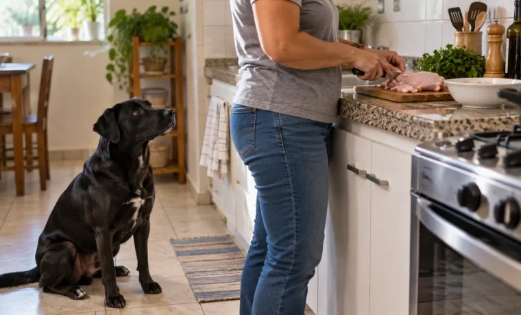 Cachorro no chão enquanto uma pessoa prepara frango na bancada