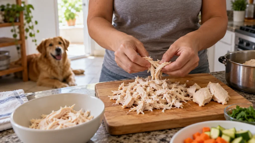 Mãos desfiando frango cozido sobre uma tábua