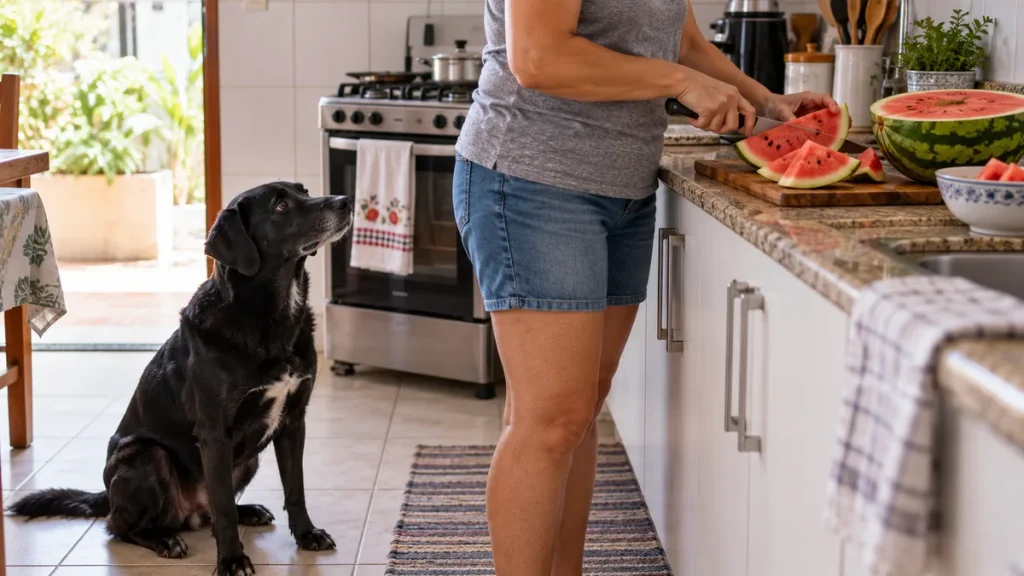 Cachorro no chão enquanto uma pessoa corta melancia na bancada