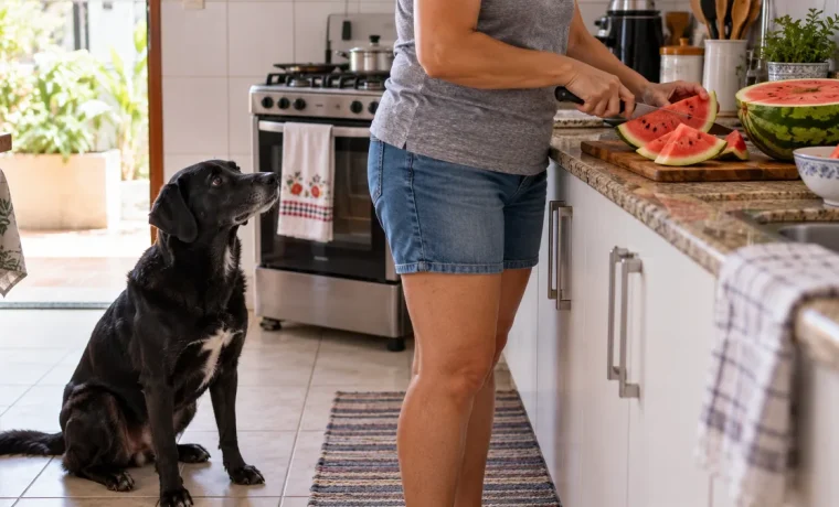 Cachorro no chão enquanto uma pessoa corta melancia na bancada