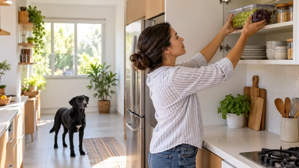Pessoa guardando recipiente tampado de uvas num armário alto, com cachorro afastado