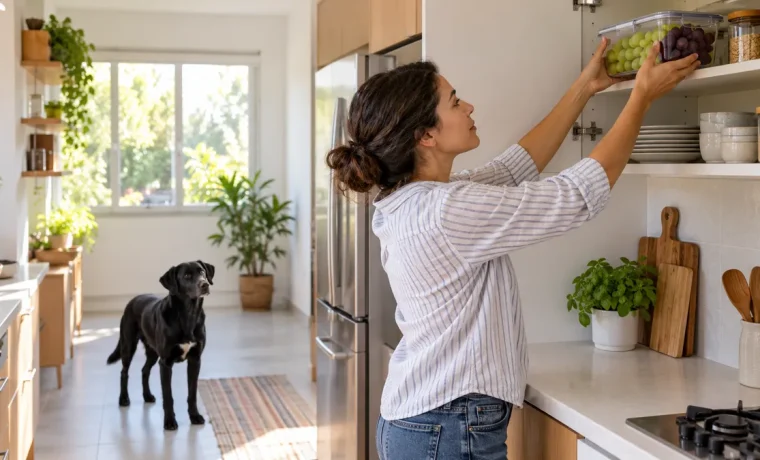 Pessoa guardando recipiente tampado de uvas num armário alto, com cachorro afastado