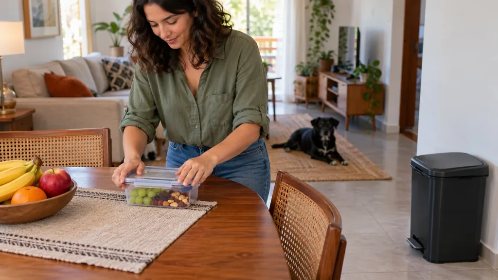 Pessoa fechando recipiente com uvas e frutas secas, com lixeira fechada e cachorro afastado