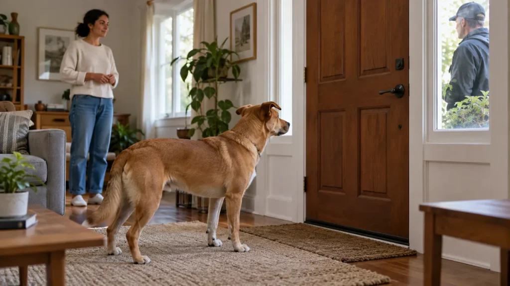 Cachorro observa a porta enquanto uma pessoa chega à casa