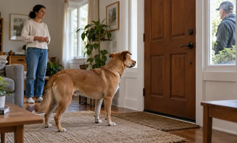 Cachorro observa a porta enquanto uma pessoa chega à casa